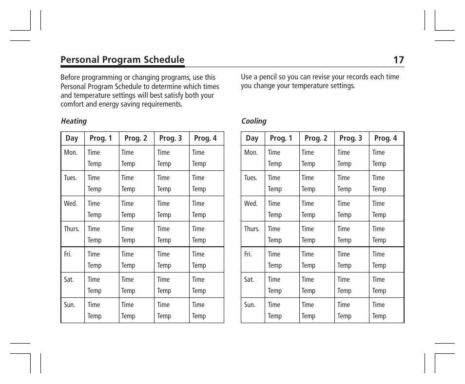 Personal program schedule | Hunter Fan 43355 User Manual | Page 17 / 43