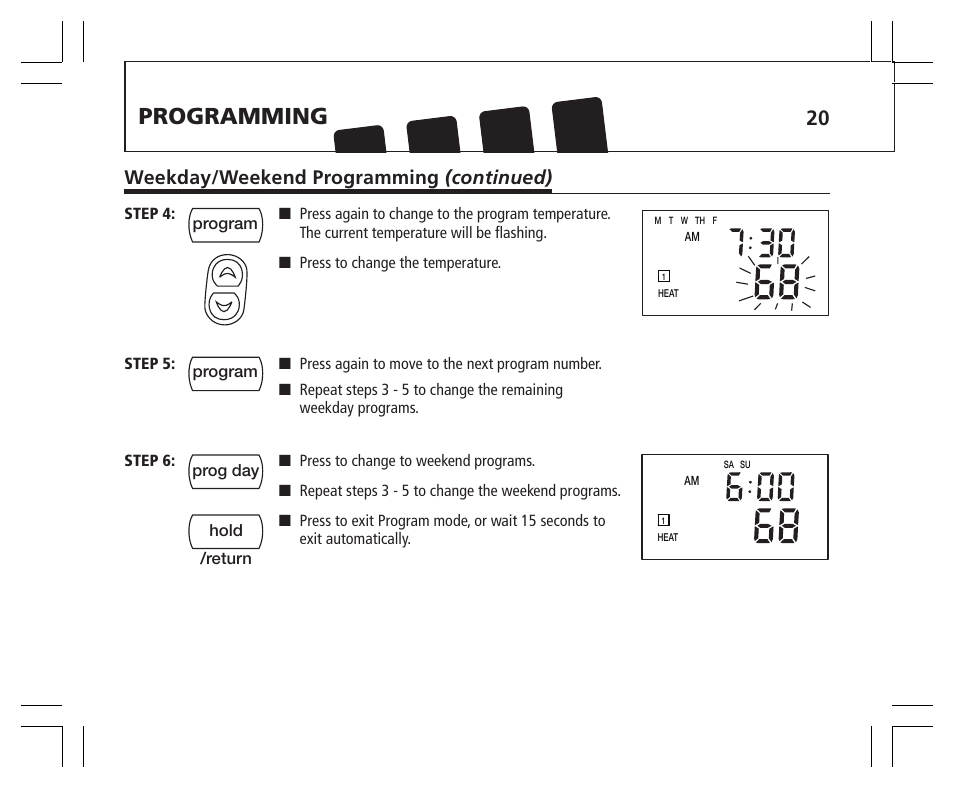 Programming, Weekday/weekend programming (continued) | Hunter Fan 43355 User Manual | Page 20 / 43