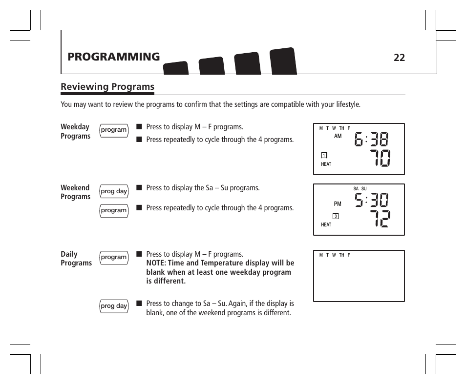 Programming, Reviewing programs | Hunter Fan 43355 User Manual | Page 22 / 43