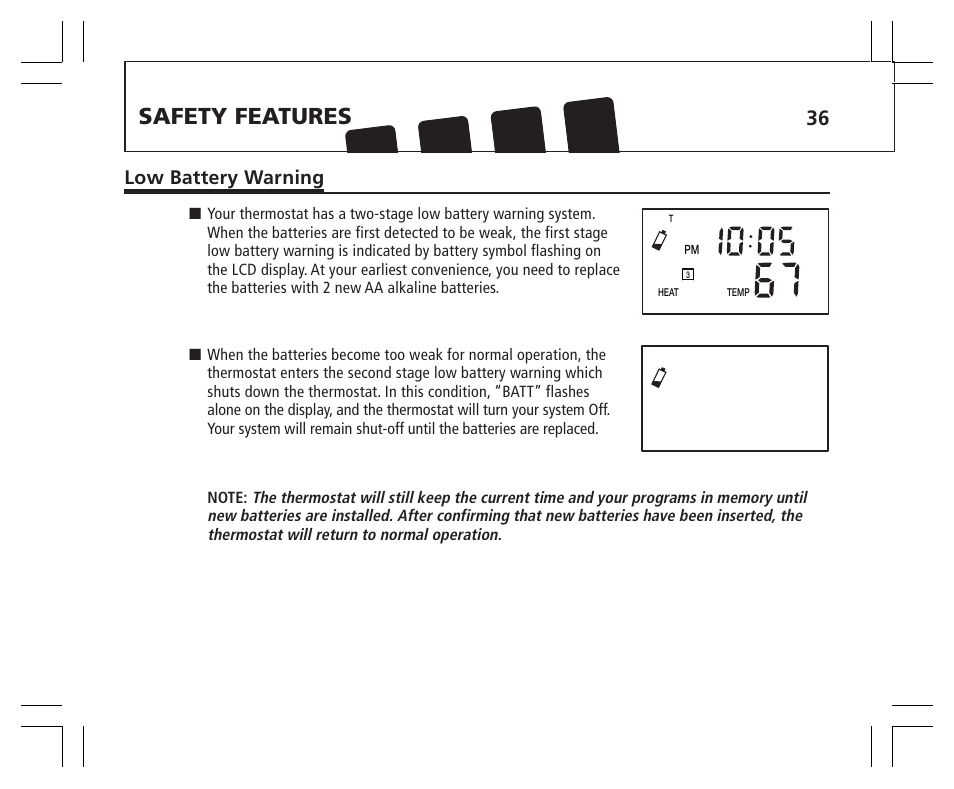 Safety features, Low battery warning | Hunter Fan 43355 User Manual | Page 36 / 43