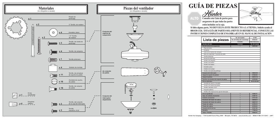 Guía de piezas, Piezas del ventilador, Materiales | Parada, Alto, Lista de piezas | Hunter Fan 21705 User Manual | Page 2 / 2