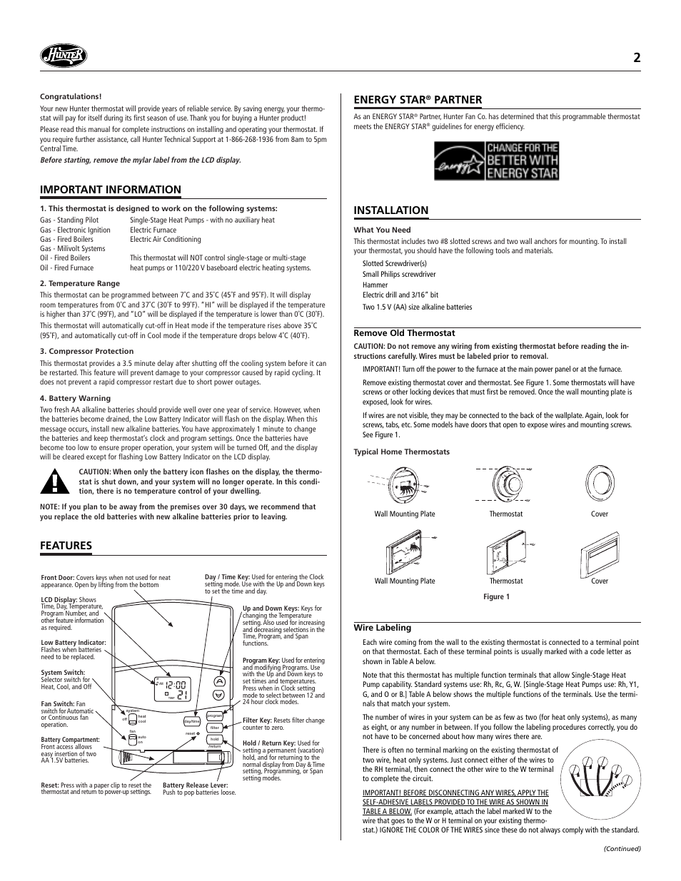 Important information, Features, Energy star | Partner, Installation | Hunter Fan 47200A User Manual | Page 2 / 7