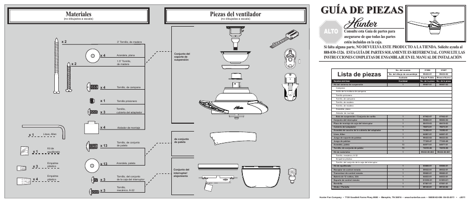 Guía de piezas, Piezas del ventilador, Materiales | Alto, Lista de piezas | Hunter Fan Hunter Ceiling Fan 21806 User Manual | Page 2 / 2