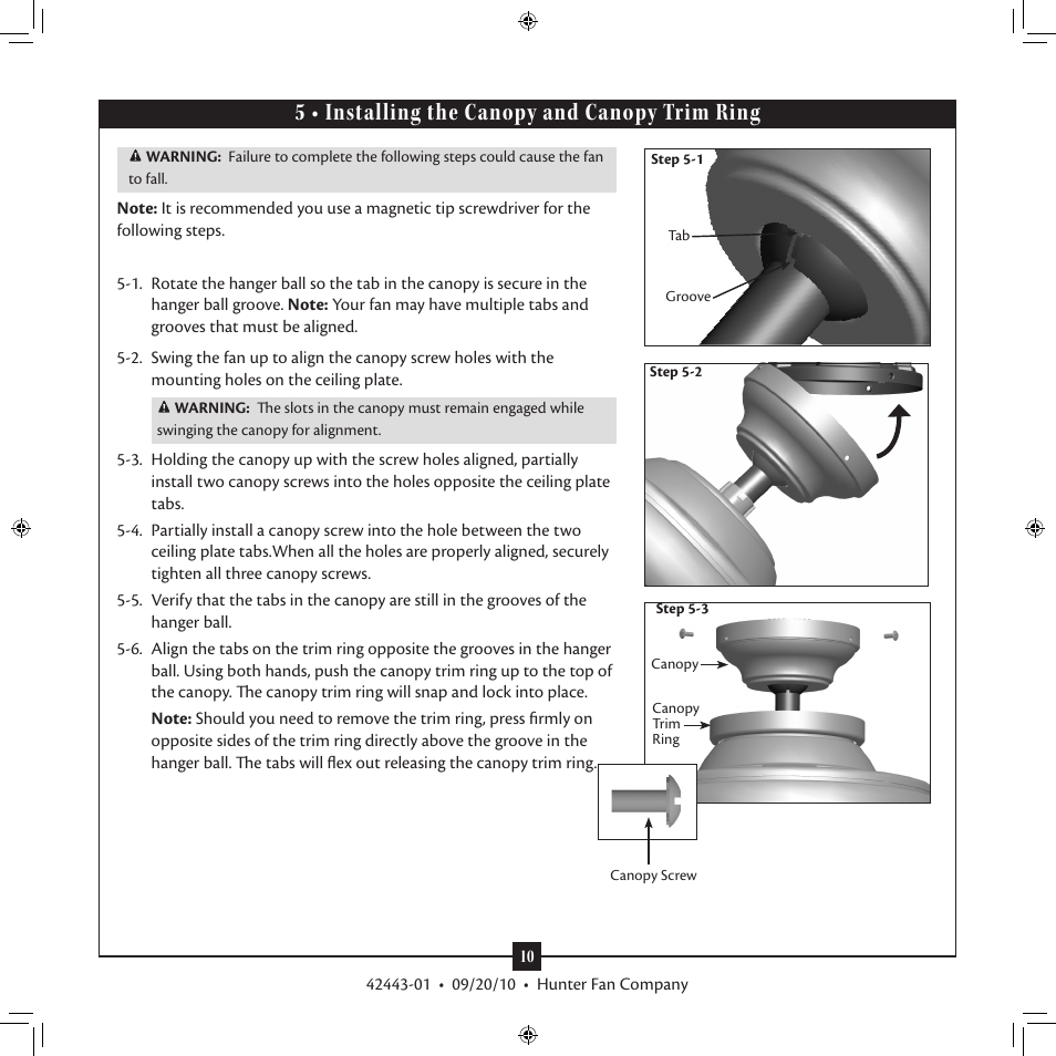 5 • installing the canopy and canopy trim ring | Hunter 28688 44 Stratford Five Minute Fan User Manual | Page 10 / 17