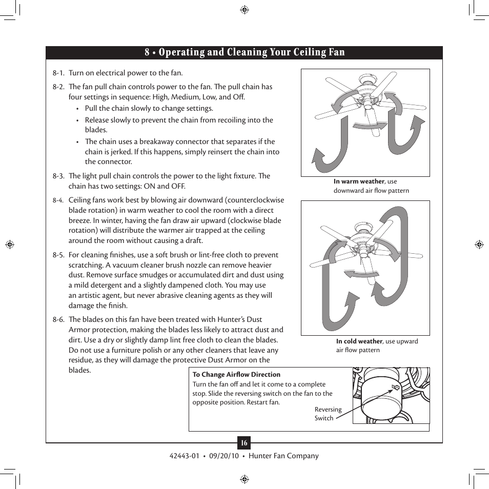 8 • operating and cleaning your ceiling fan | Hunter 28688 44 Stratford Five Minute Fan User Manual | Page 16 / 17