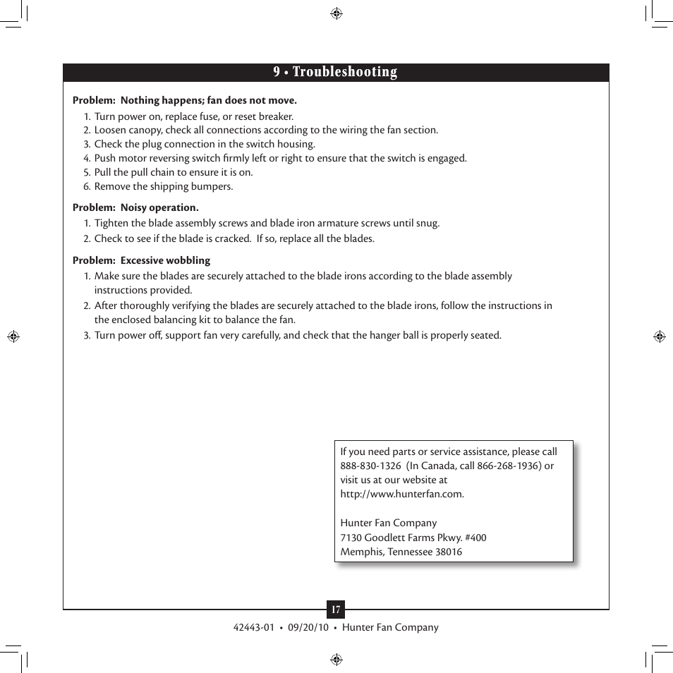 9 • troubleshooting | Hunter 28688 44 Stratford Five Minute Fan User Manual | Page 17 / 17