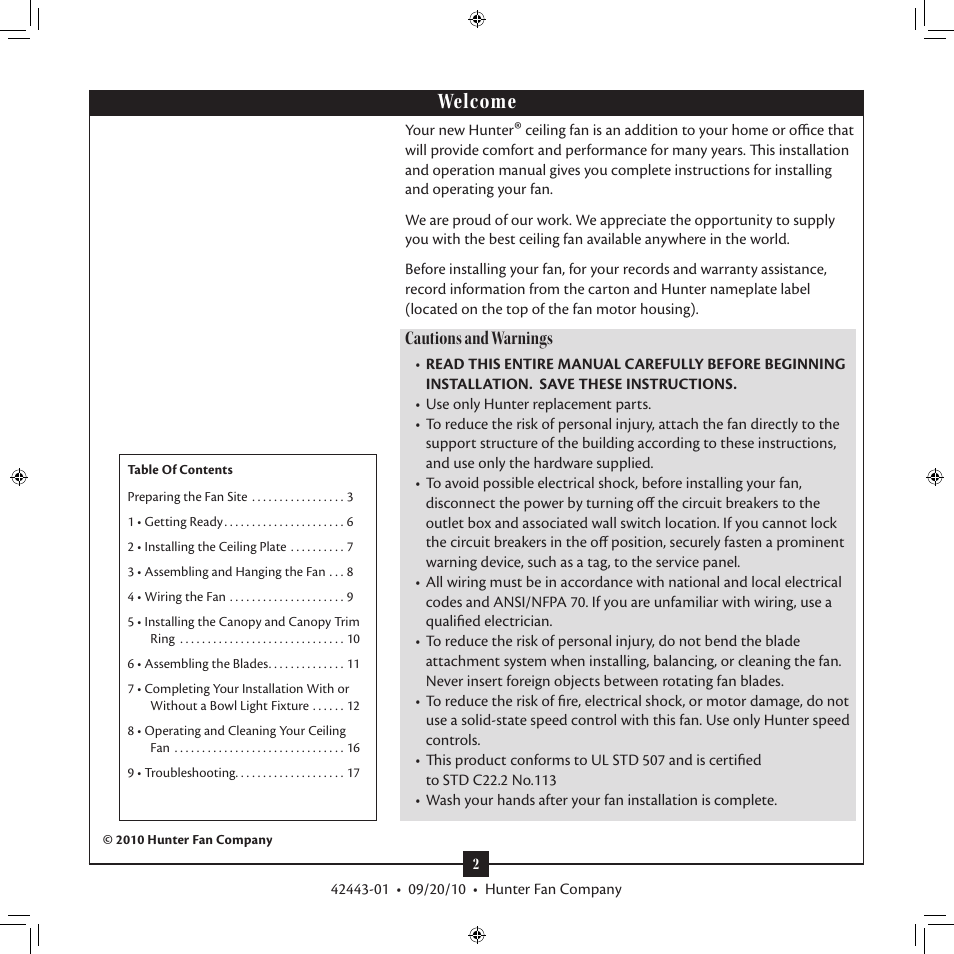 Welcome, Cautions and warnings | Hunter 28688 44 Stratford Five Minute Fan User Manual | Page 2 / 17