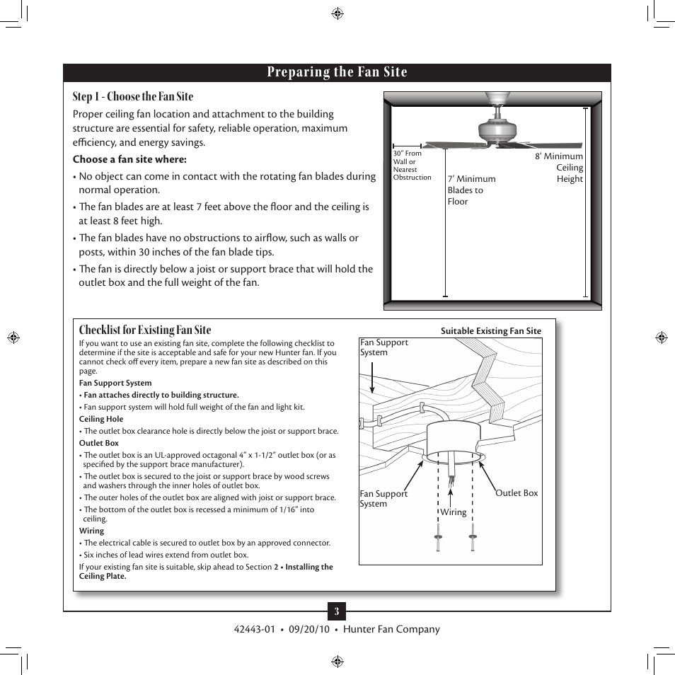 Preparing the fan site, Step 1 - choose the fan site, Checklist for existing fan site | Hunter 28688 44 Stratford Five Minute Fan User Manual | Page 3 / 17