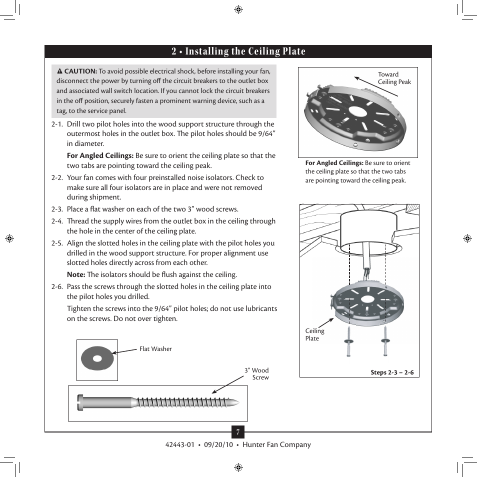 2 • installing the ceiling plate | Hunter 28688 44 Stratford Five Minute Fan User Manual | Page 7 / 17