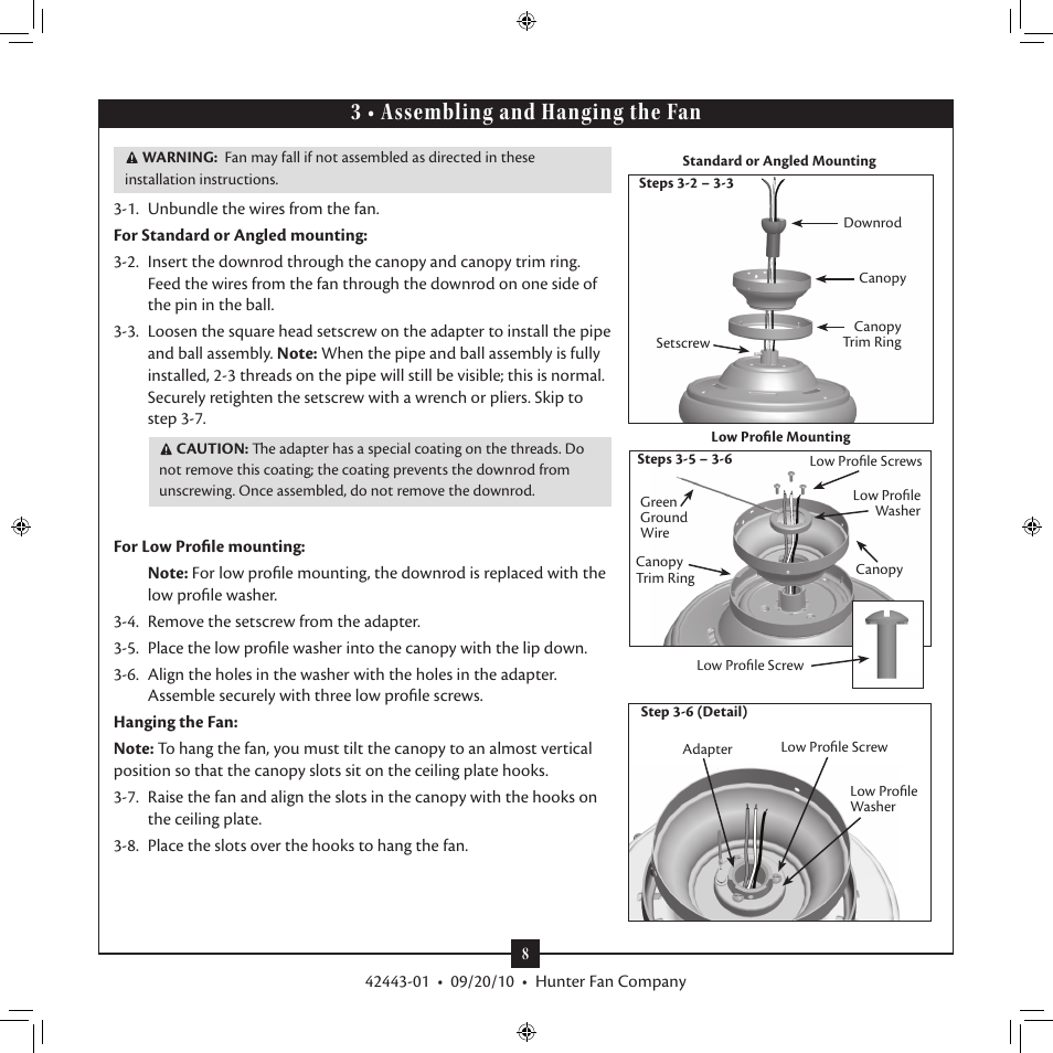 3 • assembling and hanging the fan | Hunter 28688 44 Stratford Five Minute Fan User Manual | Page 8 / 17