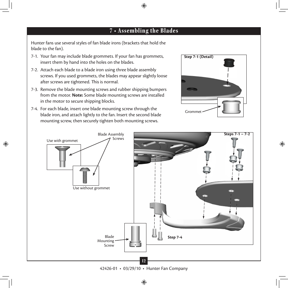 7 • assembling the blades | Hunter Fan 42426-01 User Manual | Page 12 / 17