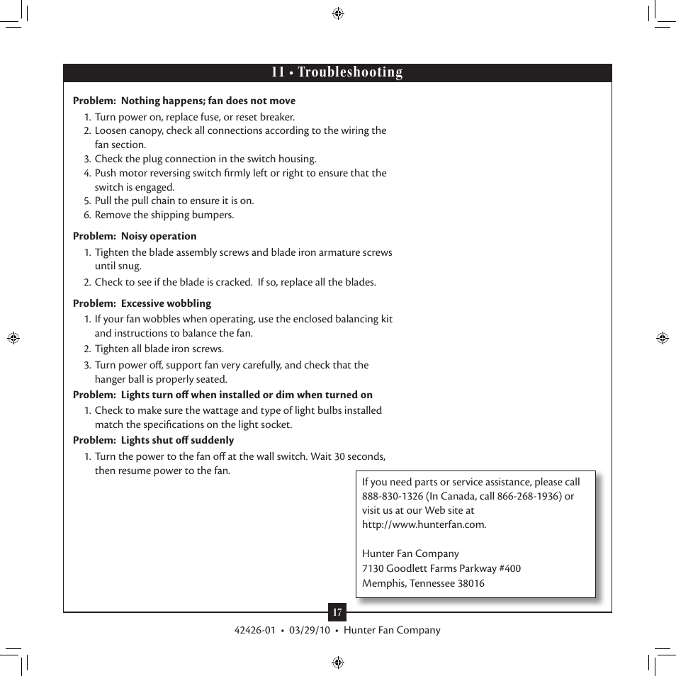 11 • troubleshooting | Hunter Fan 42426-01 User Manual | Page 17 / 17
