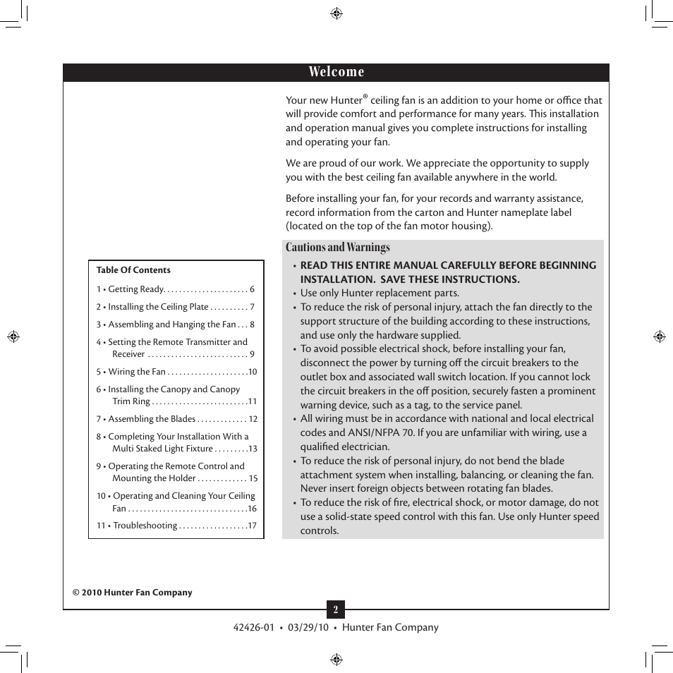Welcome, Cautions and warnings | Hunter Fan 42426-01 User Manual | Page 2 / 17