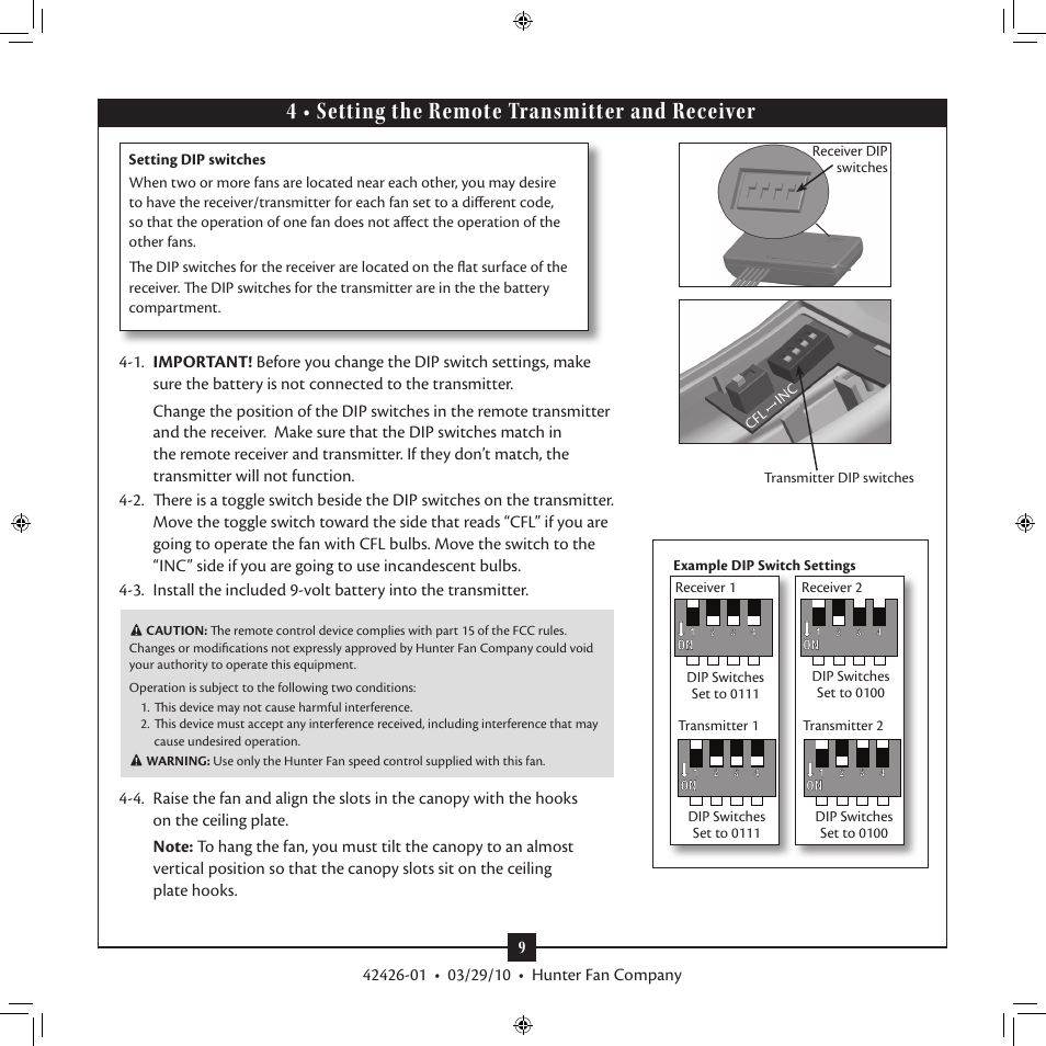 4 • setting the remote transmitter and receiver | Hunter Fan 42426-01 User Manual | Page 9 / 17