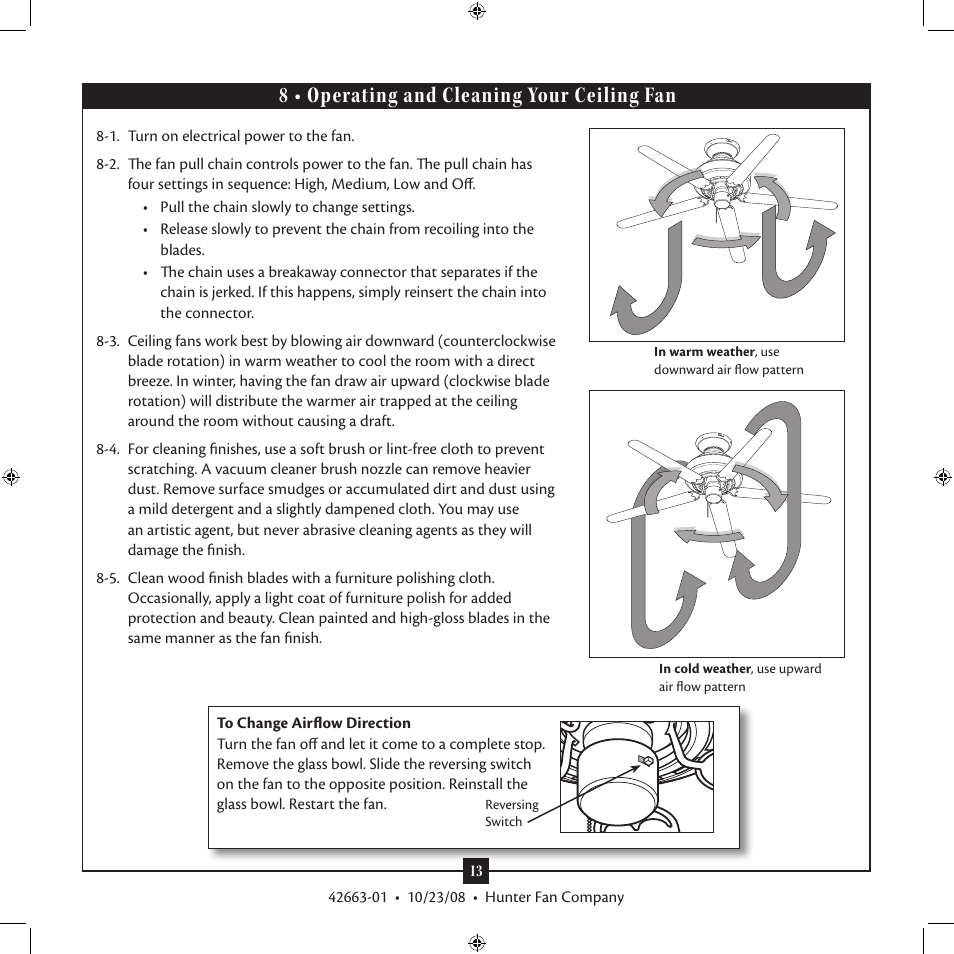8 • operating and cleaning your ceiling fan | Hunter Fan X-BOARD 20727 User Manual | Page 13 / 14