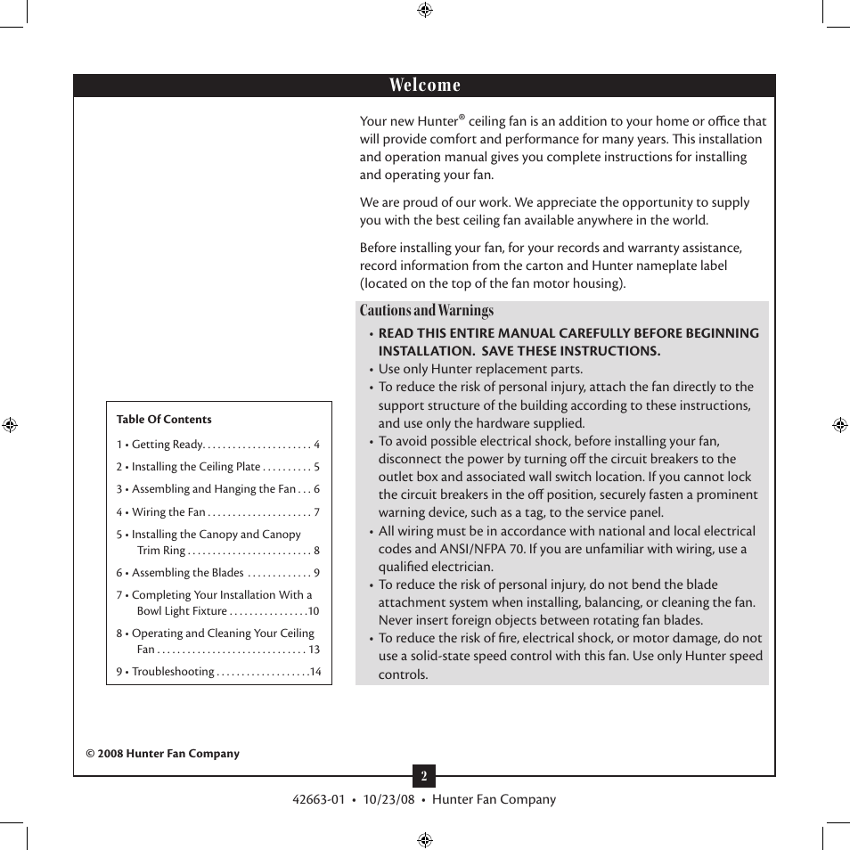 Welcome, Cautions and warnings | Hunter Fan X-BOARD 20727 User Manual | Page 2 / 14