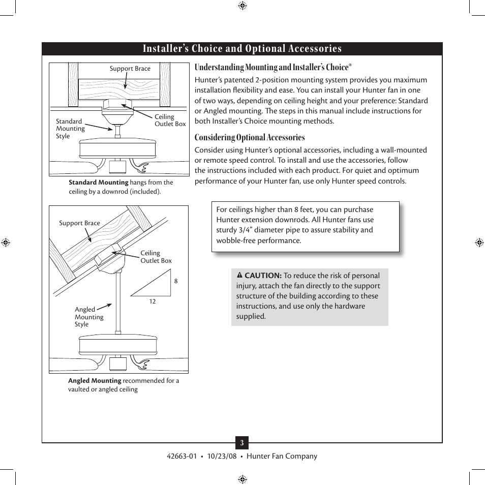 Installer’s choice and optional accessories, Understanding mounting and installer’s choice, Considering optional accessories | Hunter Fan X-BOARD 20727 User Manual | Page 3 / 14