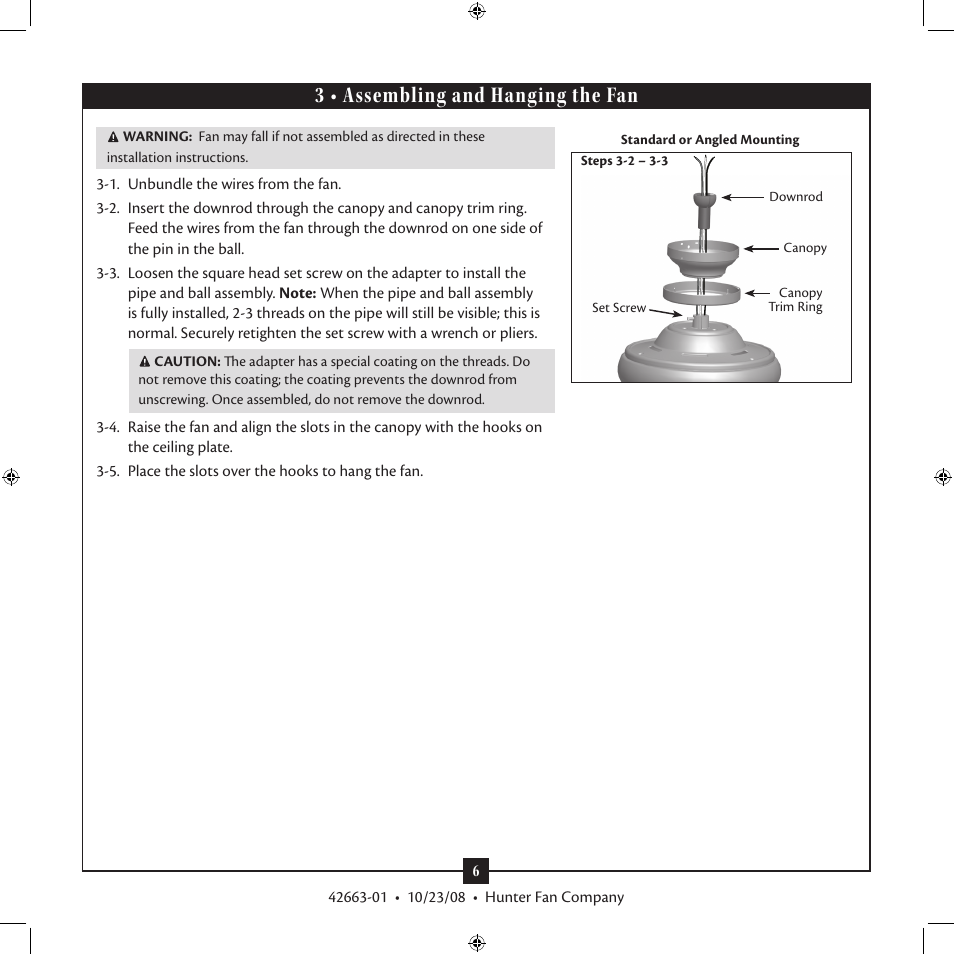 3 • assembling and hanging the fan | Hunter Fan X-BOARD 20727 User Manual | Page 6 / 14