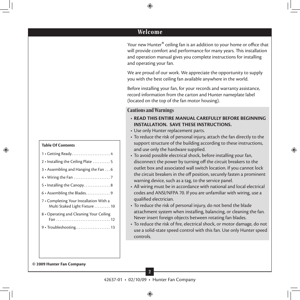 Welcome, Cautions and warnings | Hunter Fan 42637-01 User Manual | Page 2 / 13