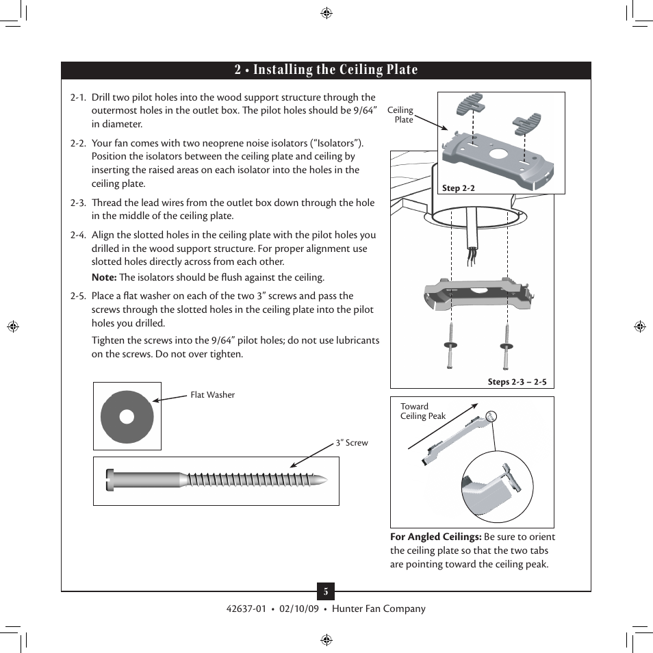 2 • installing the ceiling plate | Hunter Fan 42637-01 User Manual | Page 5 / 13