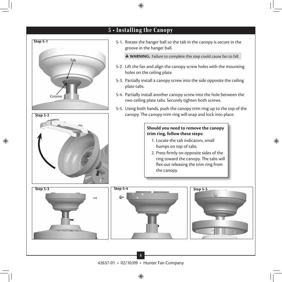 5 • installing the canopy | Hunter Fan 42637-01 User Manual | Page 8 / 13