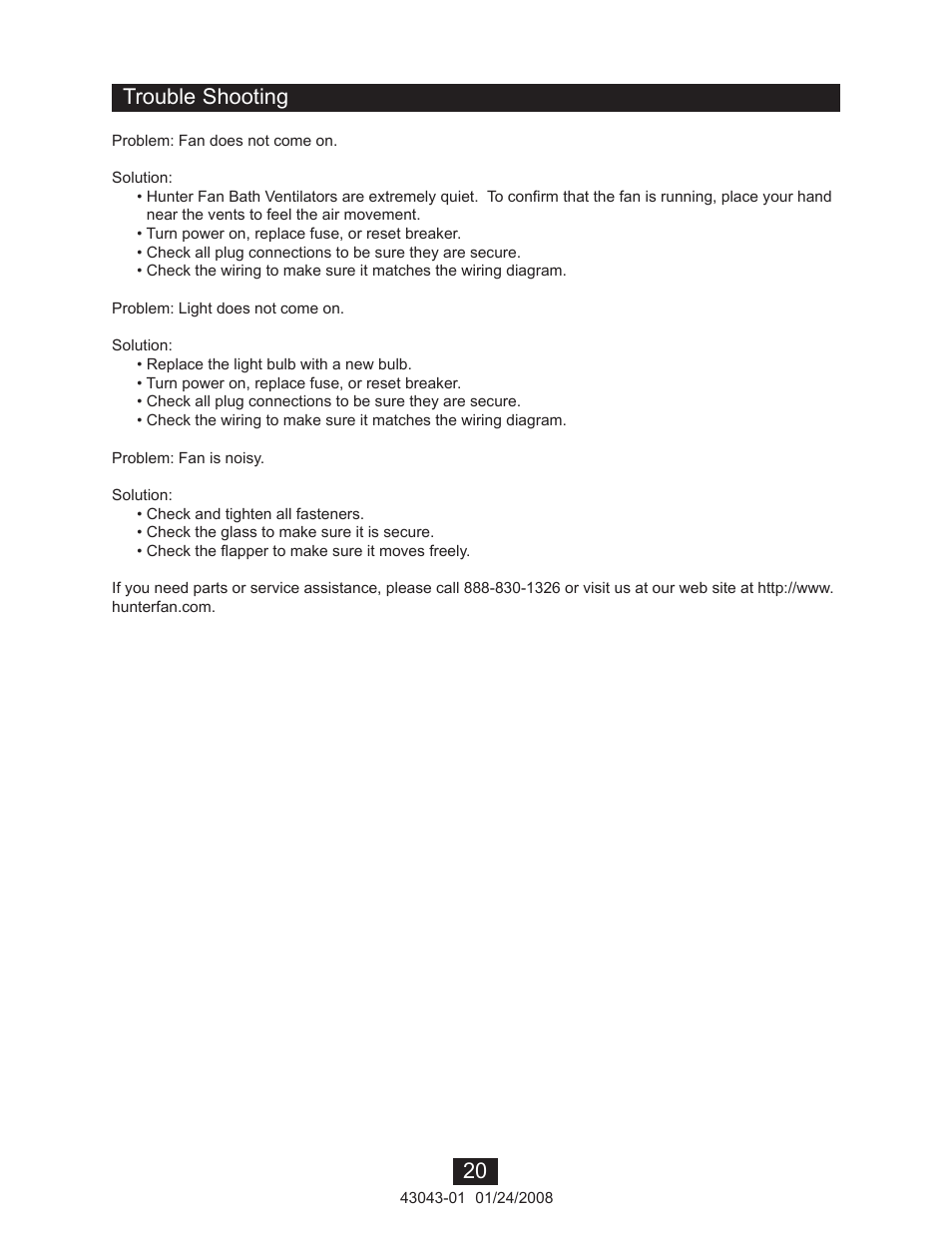 Trouble shooting | Hunter Fan 81030 User Manual | Page 20 / 65