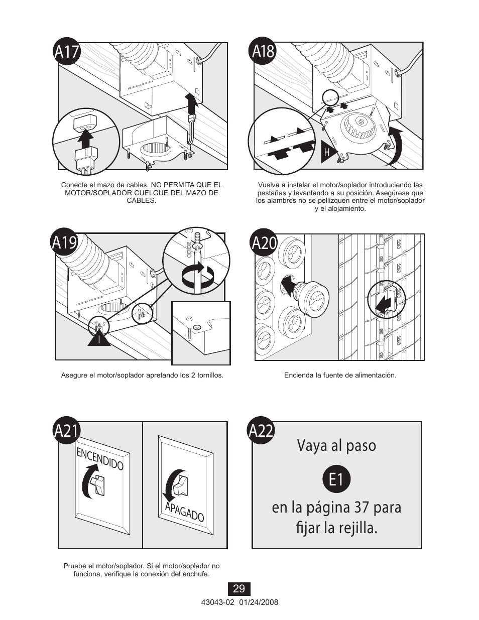 A22 e1, Vaya al paso en la página 37 para fijar la rejilla | Hunter Fan 81030 User Manual | Page 29 / 65