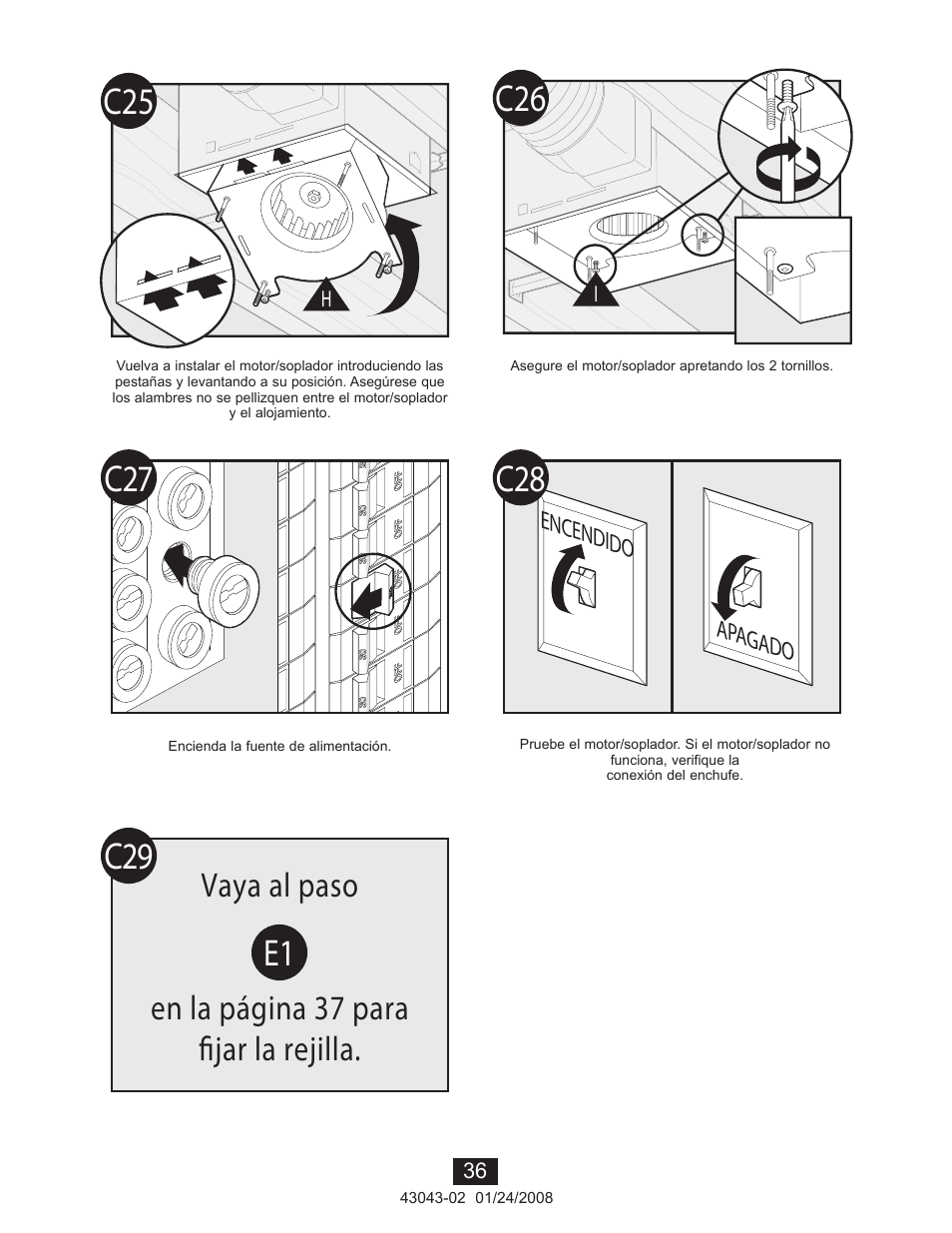 C29 e1, Vaya al paso en la página 37 para fijar la rejilla | Hunter Fan 81030 User Manual | Page 36 / 65