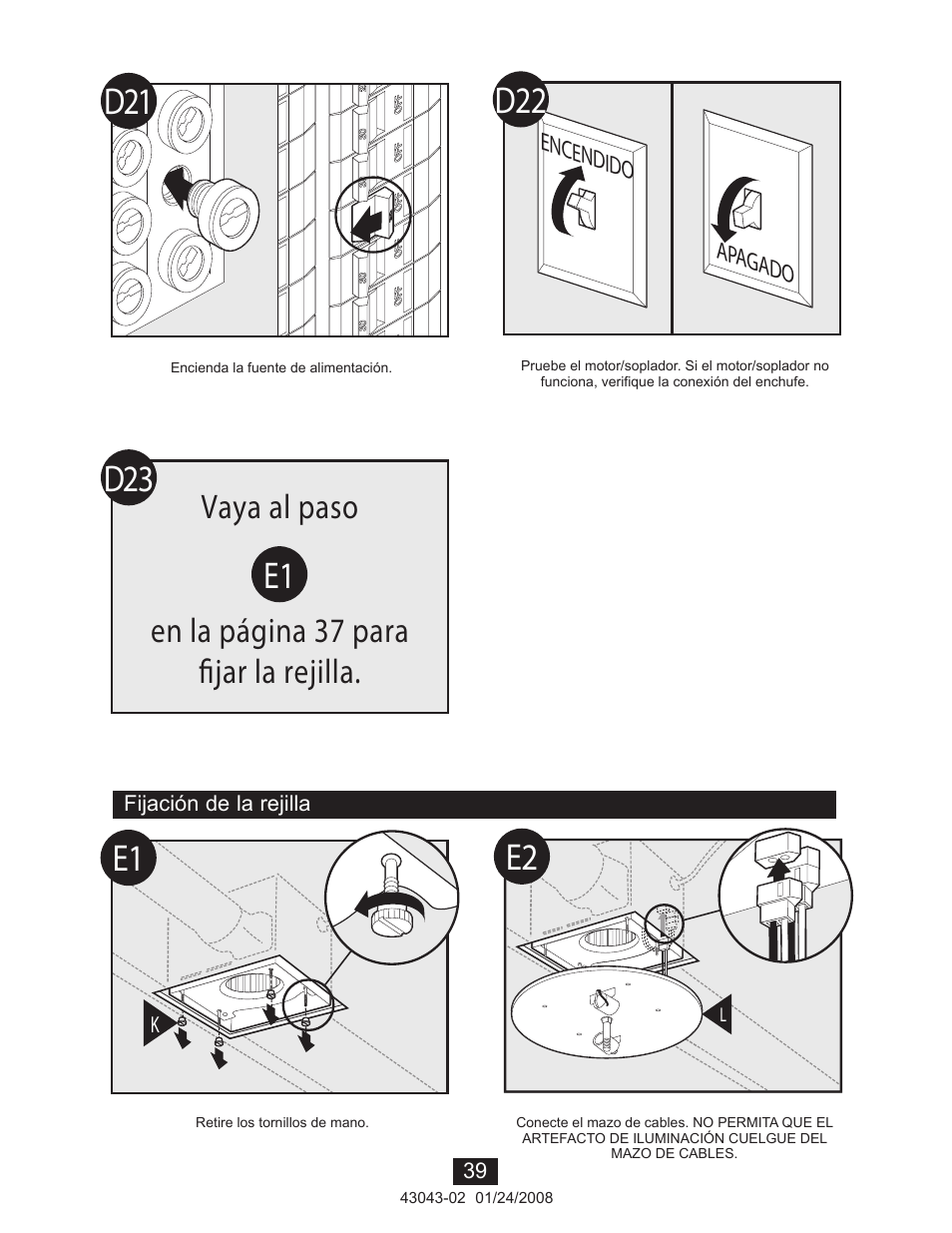 D23 e1, Vaya al paso en la página 37 para fijar la rejilla | Hunter Fan 81030 User Manual | Page 39 / 65