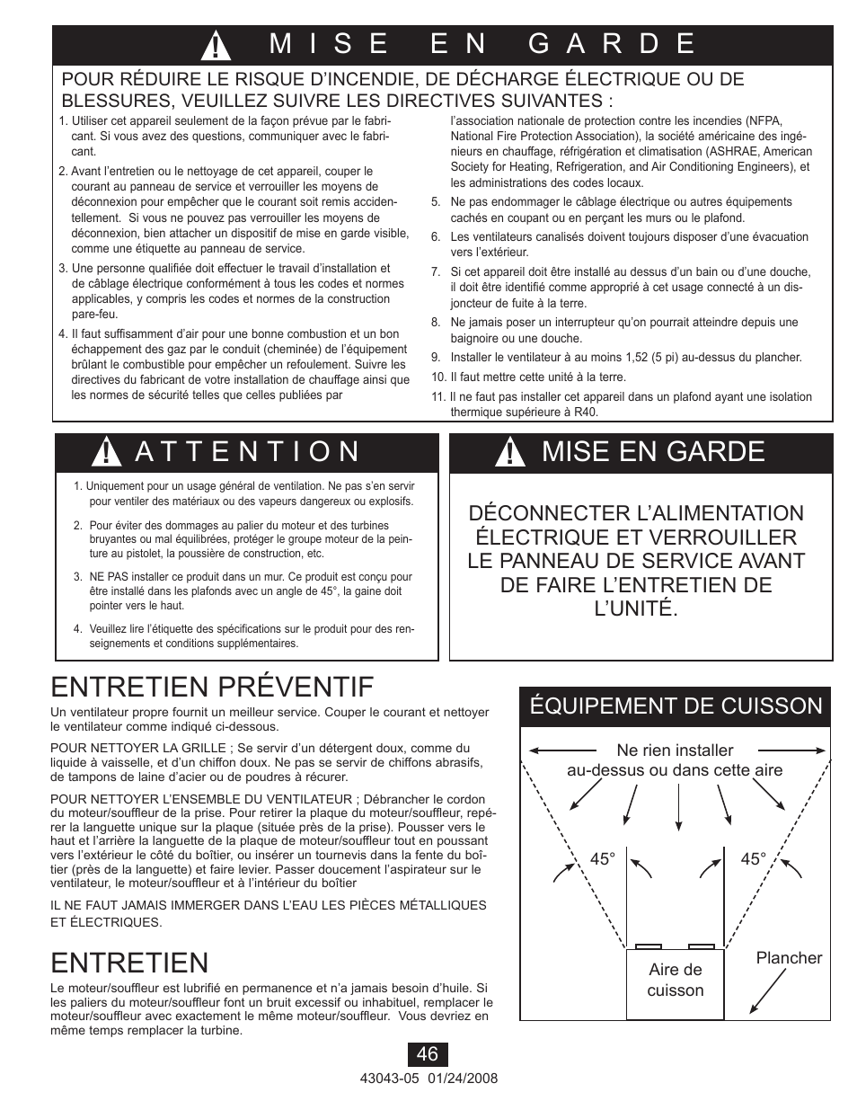 Mise en garde, Entretien préventif, Entretien | Équipement de cuisson | Hunter Fan 81030 User Manual | Page 46 / 65