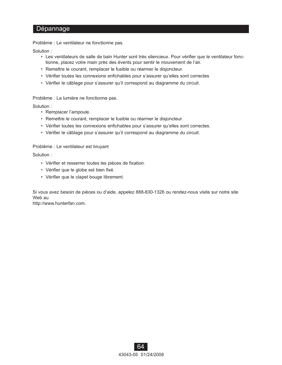 Dépannage | Hunter Fan 81030 User Manual | Page 64 / 65