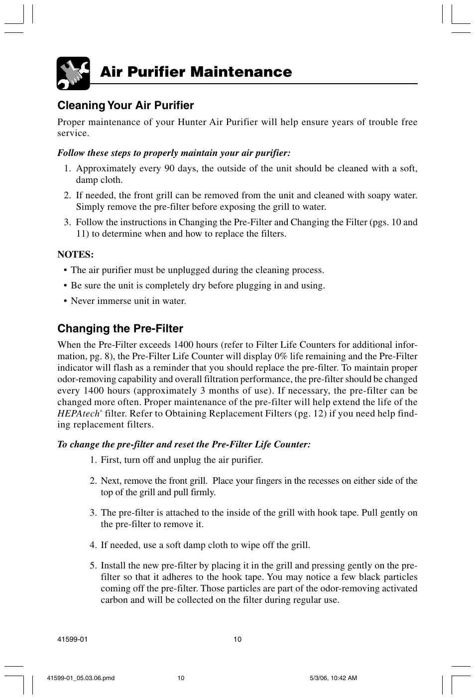 Air purifier maintenance, Cleaning your air purifier, Changing the pre-filter | Hunter Fan 30526 User Manual | Page 10 / 16