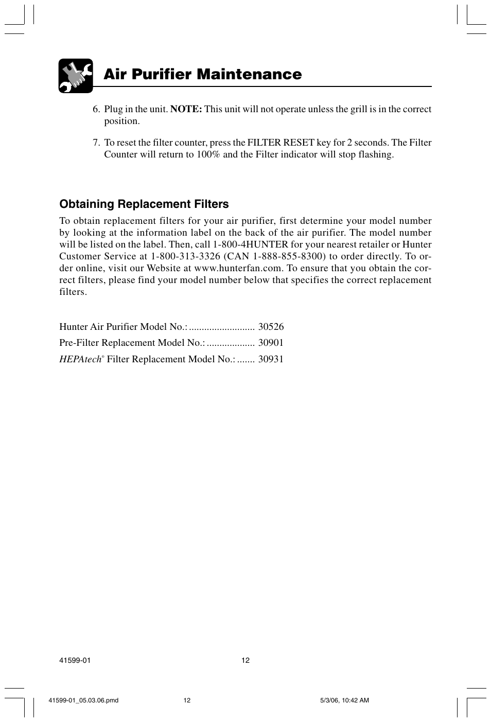 Air purifier maintenance, Obtaining replacement filters | Hunter Fan 30526 User Manual | Page 12 / 16