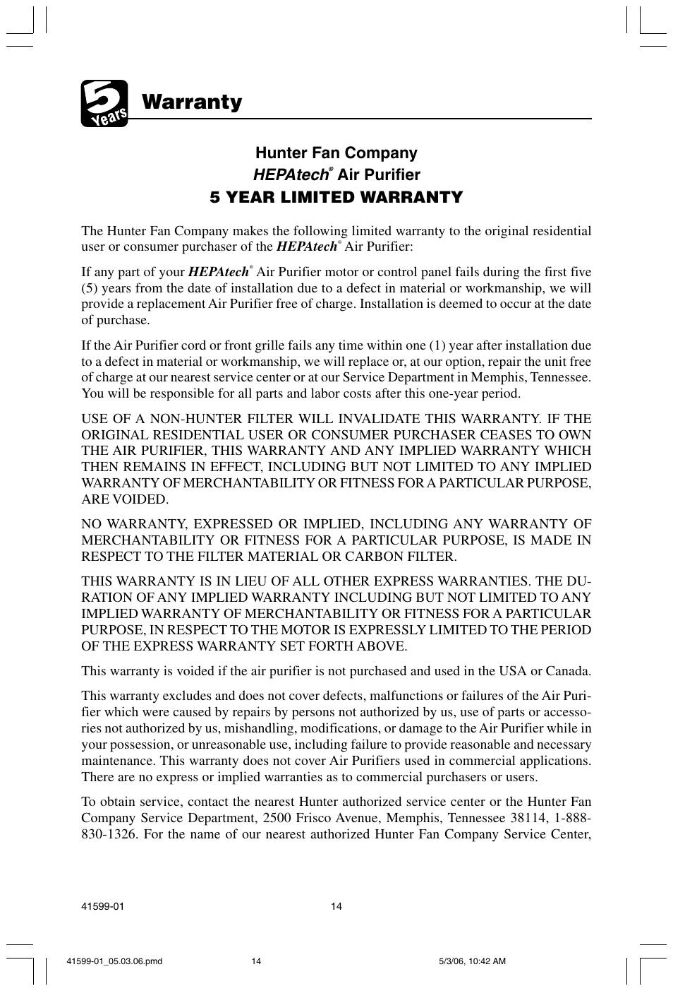 Warranty, Hepatech, Hunter fan company | Air purifier 5 year limited warranty | Hunter Fan 30526 User Manual | Page 14 / 16