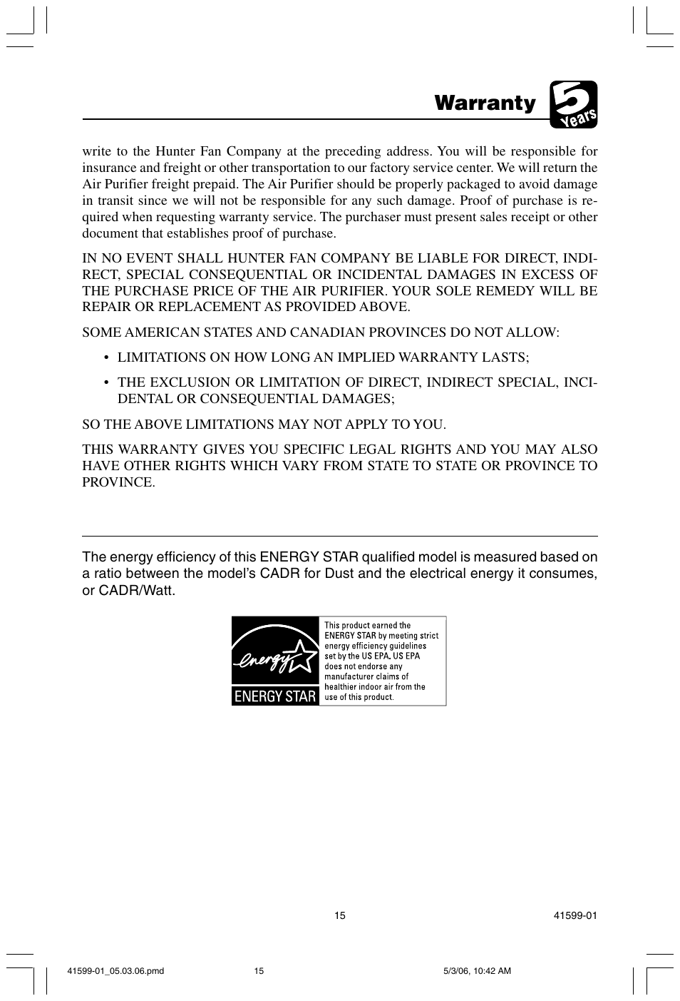 Warranty | Hunter Fan 30526 User Manual | Page 15 / 16