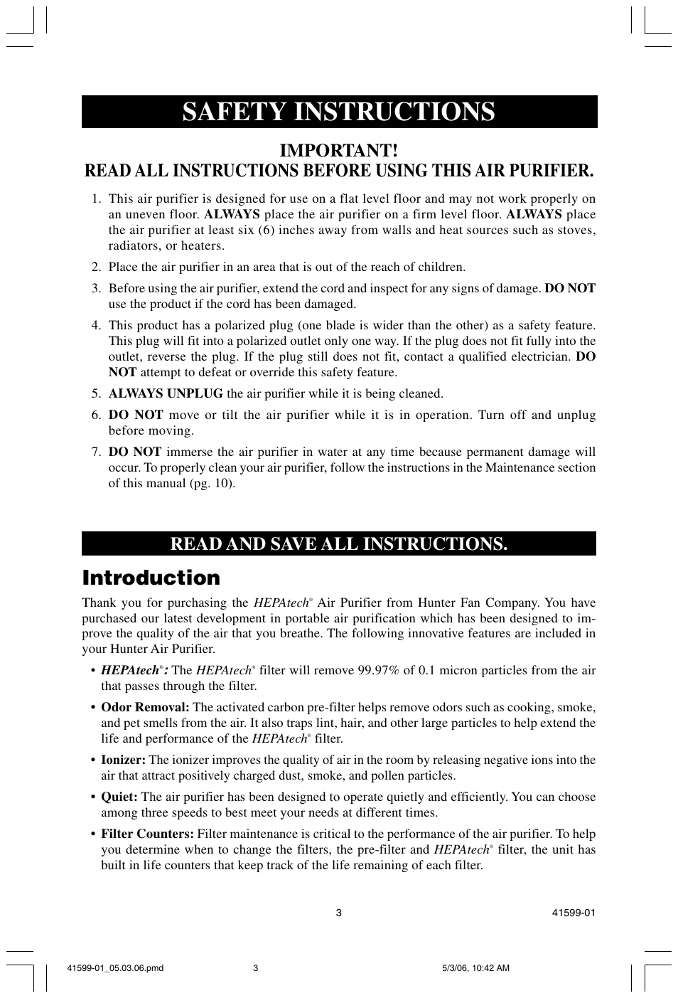 Safety instructions, Introduction, Read and save all instructions | Hunter Fan 30526 User Manual | Page 3 / 16