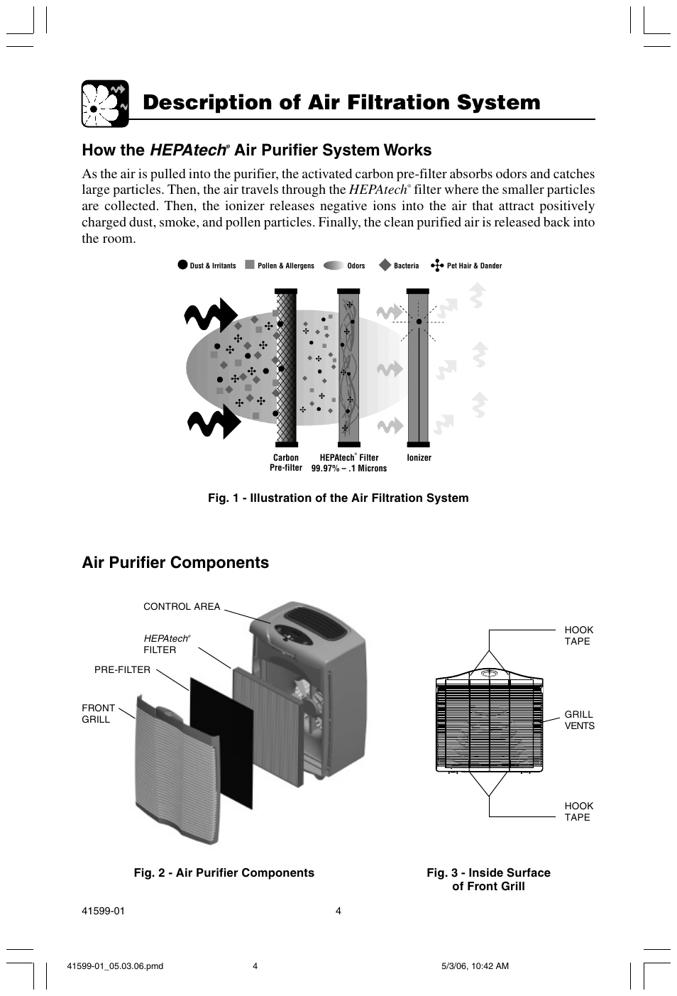 Description of air filtration system, Hepatech, How the | Air purifier system works, Air purifier components | Hunter Fan 30526 User Manual | Page 4 / 16