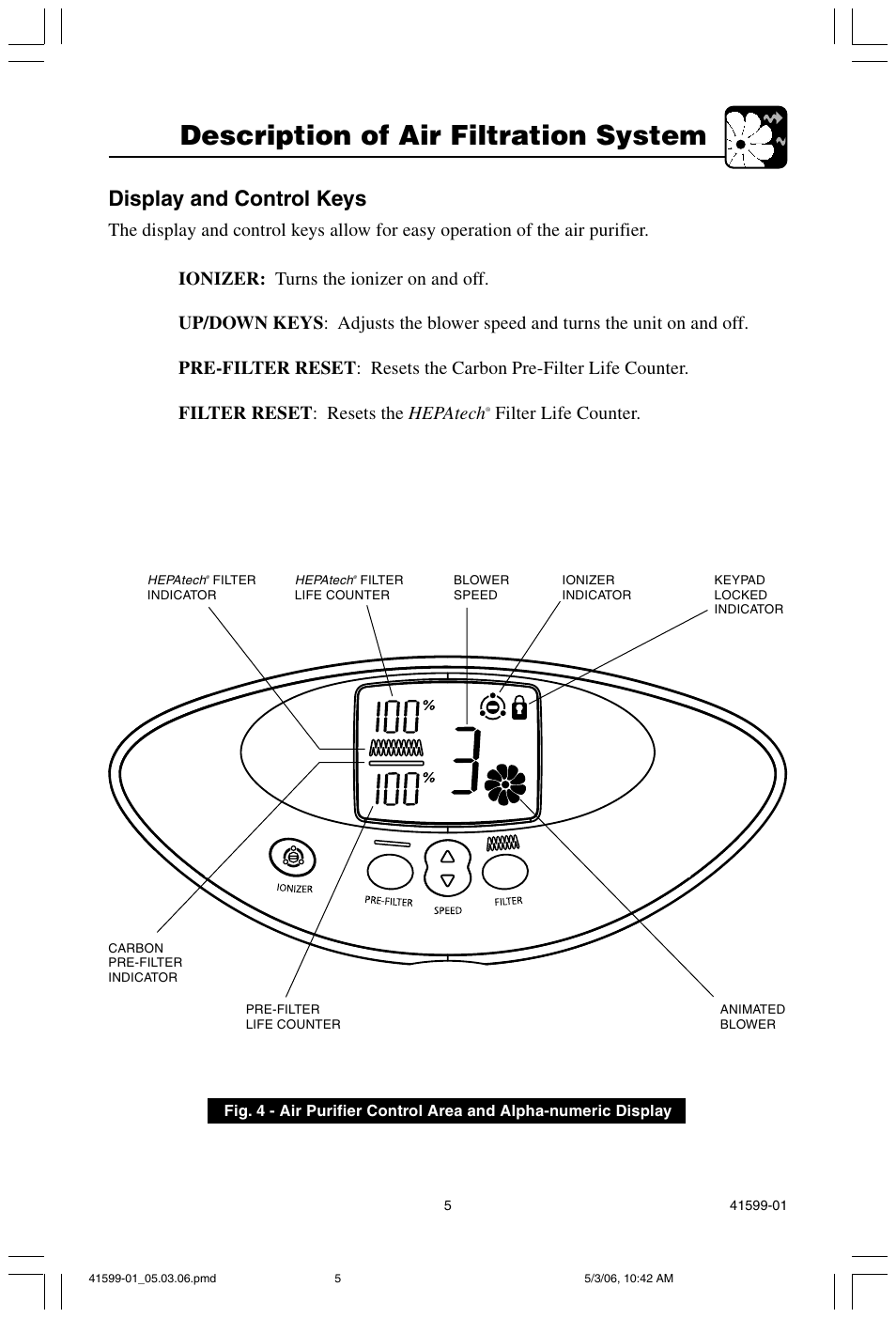 Description of air filtration system, Display and control keys, Filter life counter | Hunter Fan 30526 User Manual | Page 5 / 16