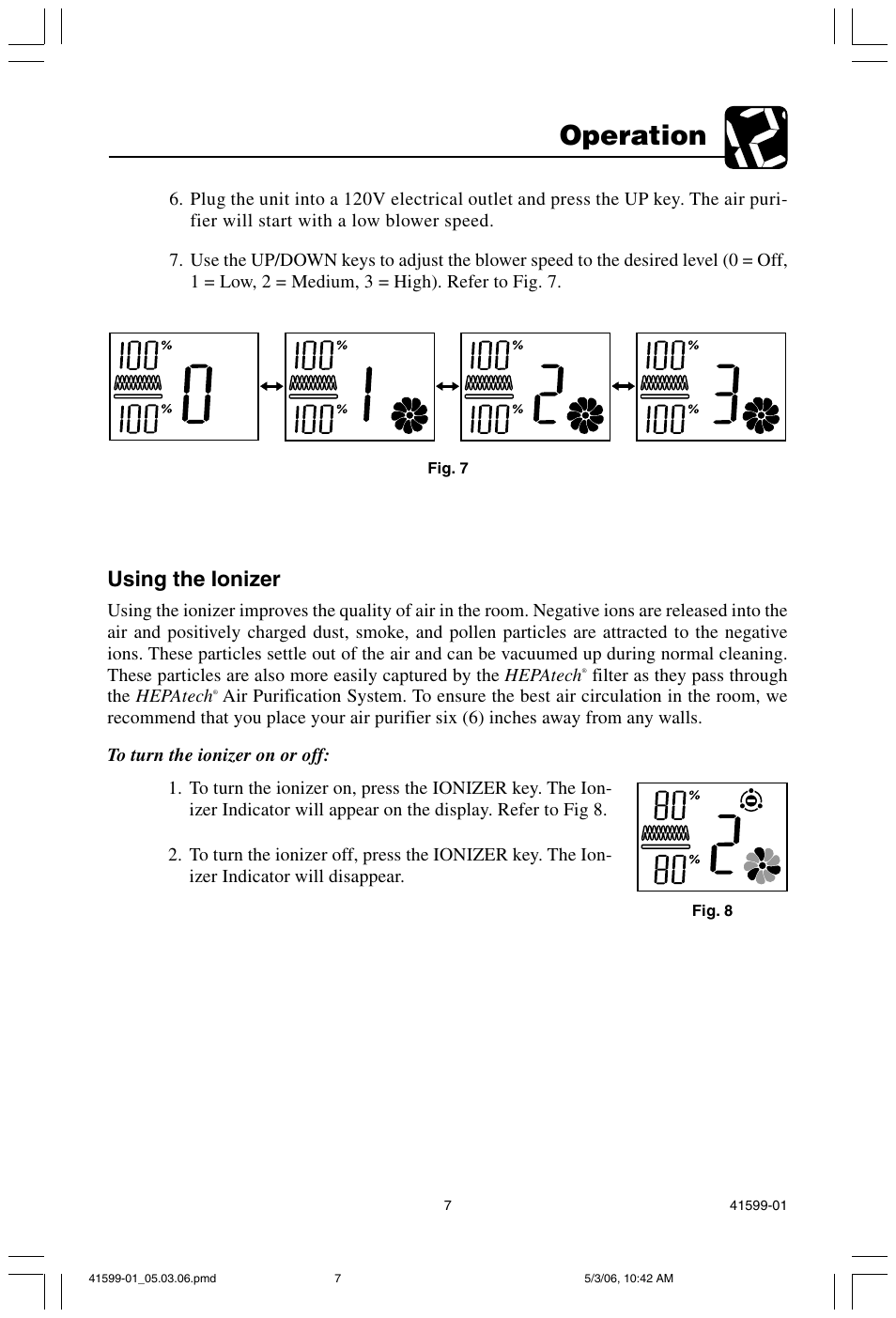 Operation, Using the ionizer | Hunter Fan 30526 User Manual | Page 7 / 16