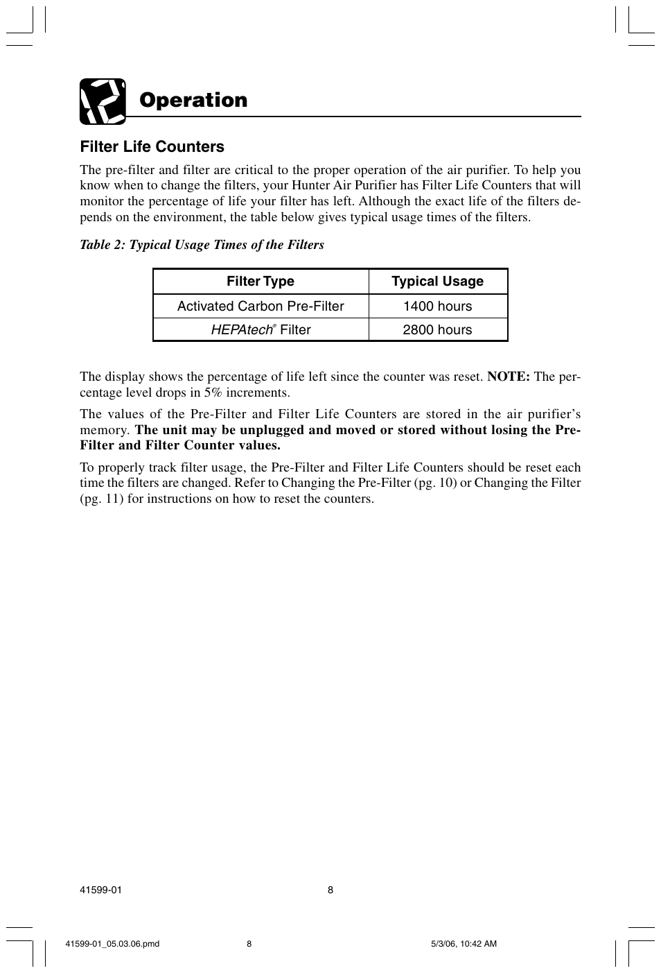 Operation, Filter life counters | Hunter Fan 30526 User Manual | Page 8 / 16