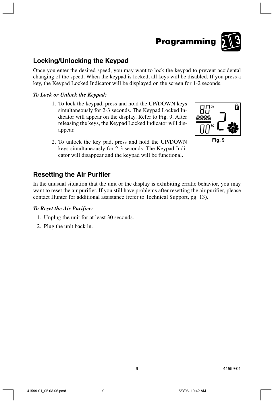 Programming, Locking/unlocking the keypad, Resetting the air purifier | Hunter Fan 30526 User Manual | Page 9 / 16