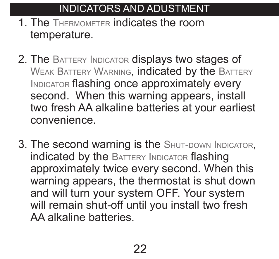 Indicators & adjustments, Indicates the room temperature. 2. the, Displays two stages of | Indicated by the | Hunter Fan 40120 User Manual | Page 22 / 28