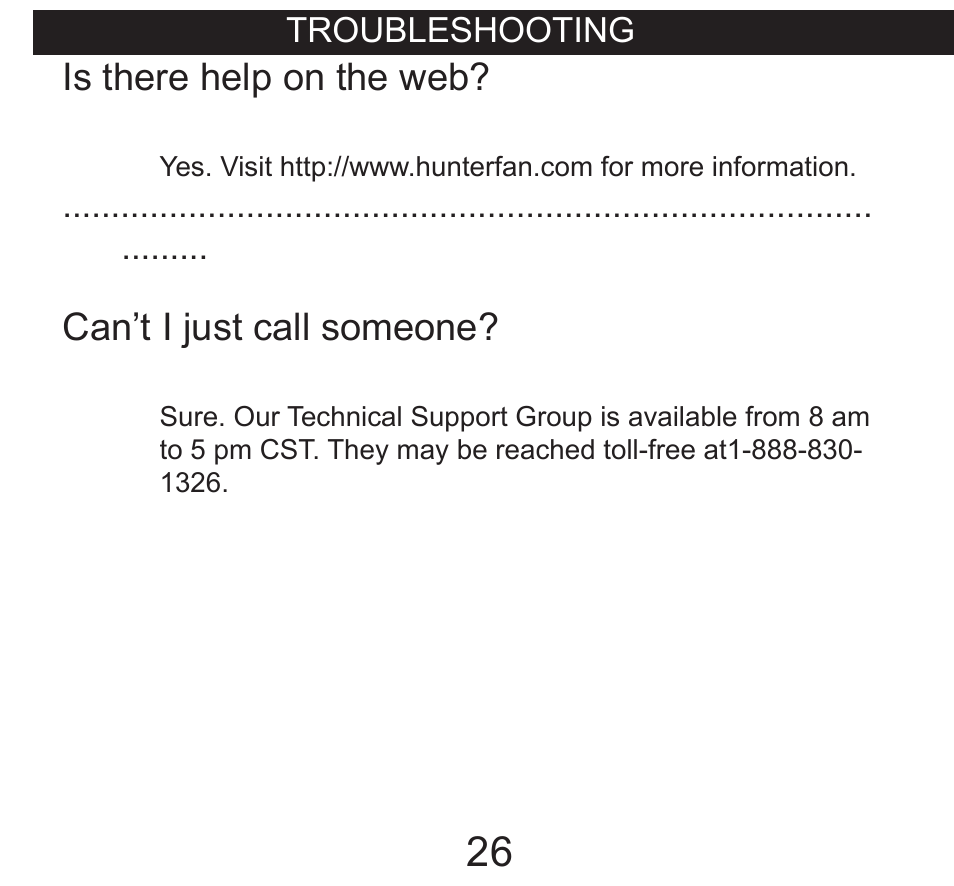 Is there help on the web, Can’t i just call someone | Hunter Fan 40120 User Manual | Page 26 / 28
