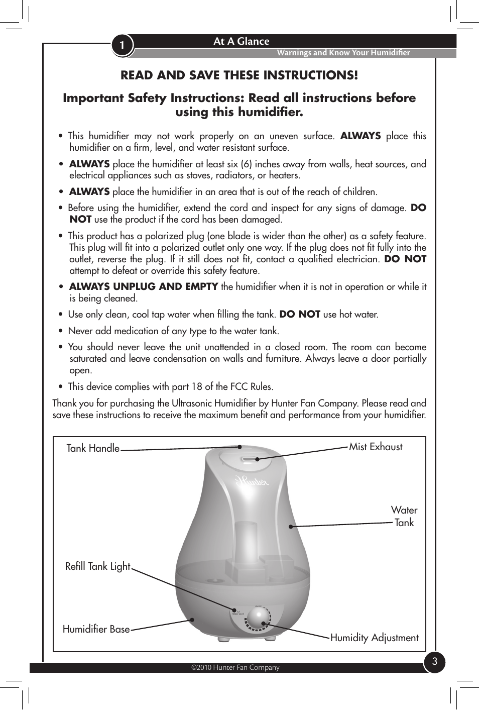 At a glance, Warnings and know your humidifier | Hunter Fan 31004 User Manual | Page 3 / 11