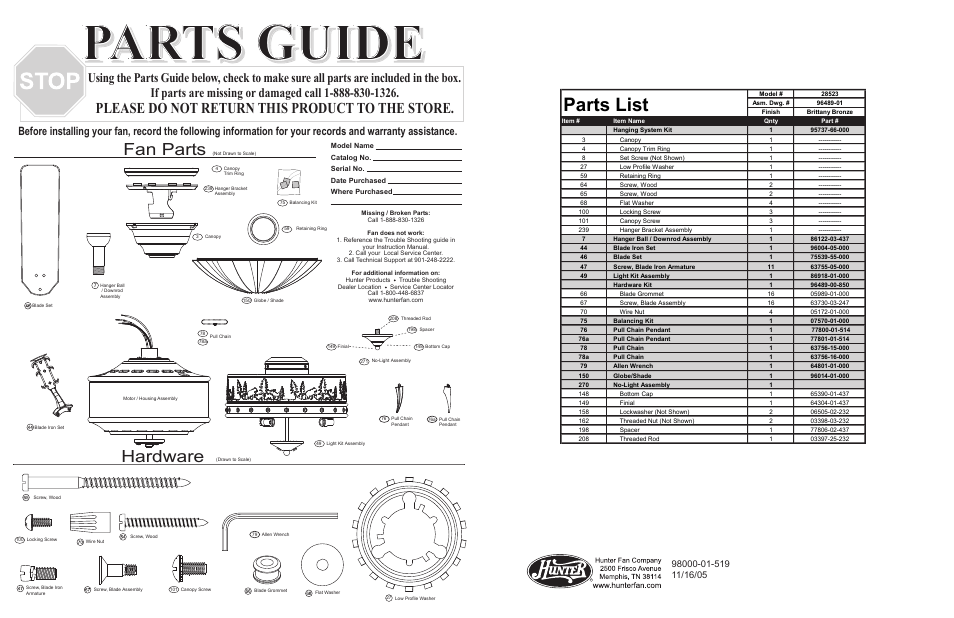 Parts guide, Parts list, Fan parts | Hardware, Please do not return this product to the store | Hunter Fan 28523 User Manual | Page 2 / 4
