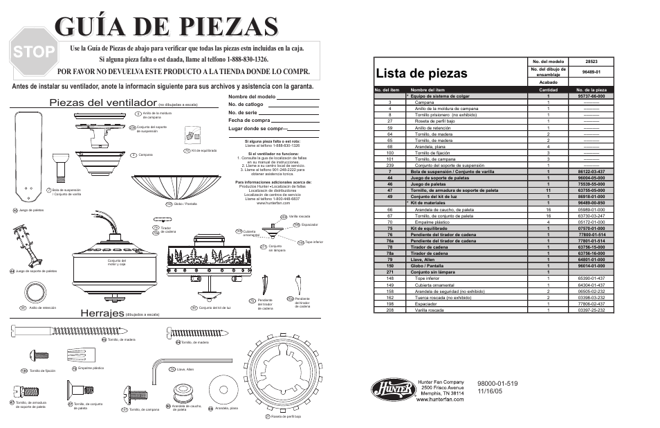 Gguía de piezas uía de piezas guía de piezas, Lista de piezas, Herrajes | Piezas del ventilador | Hunter Fan 28523 User Manual | Page 3 / 4