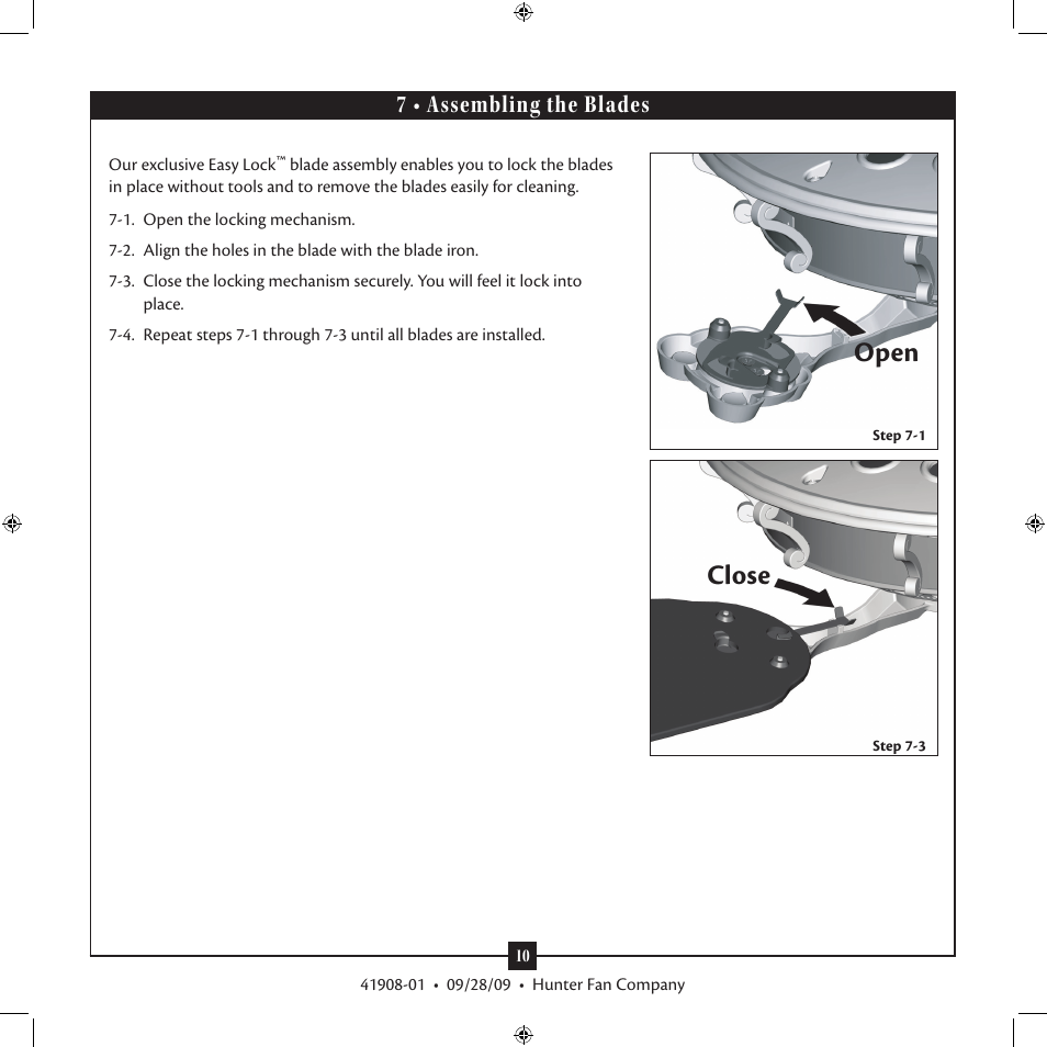 Open close, 7 • assembling the blades | Hunter Fan Hunter Type User Manual | Page 10 / 14