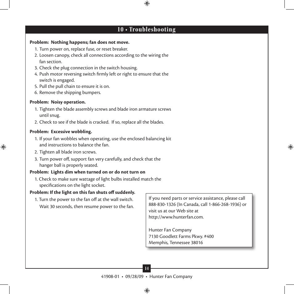 10 • troubleshooting | Hunter Fan Hunter Type User Manual | Page 14 / 14