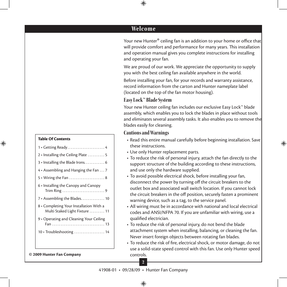 Welcome, Easy lock ™ blade system, Cautions and warnings | Hunter Fan Hunter Type User Manual | Page 2 / 14