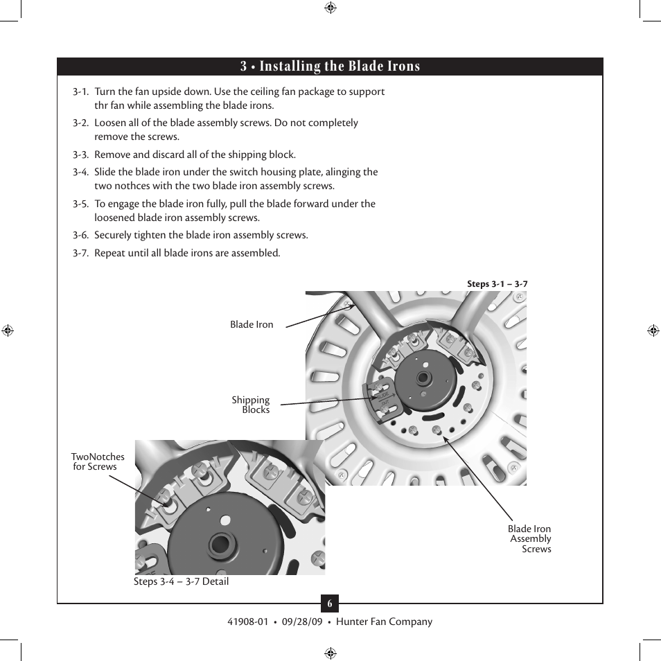 3 • installing the blade irons | Hunter Fan Hunter Type User Manual | Page 6 / 14